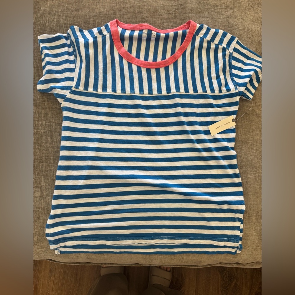 Pilcro Blue and White Striped Short Sleeve Tee with Pink Trim